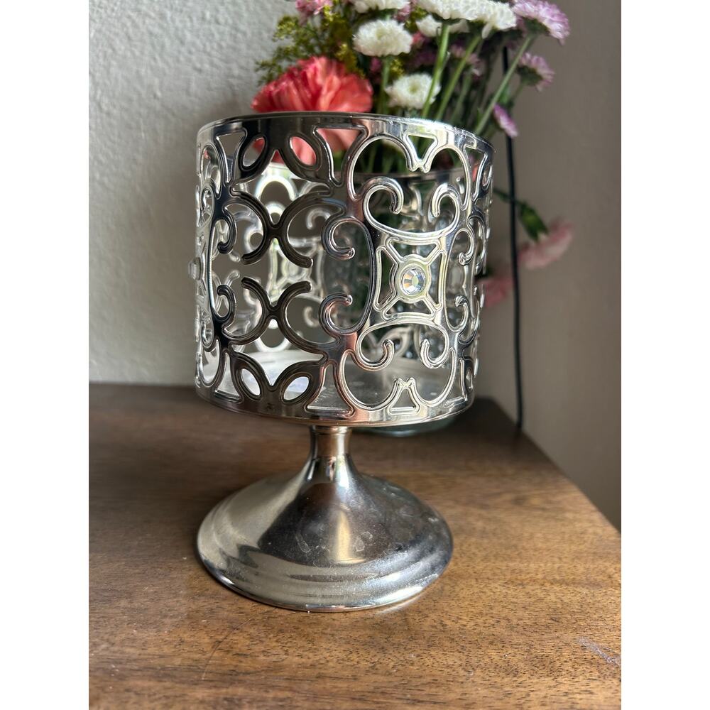 Bath & Body Works Silver Gem Scroll Pedestal 3wickCandle Holder rhinestone